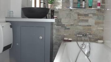 Hair dryer, towels, soap, toilet paper