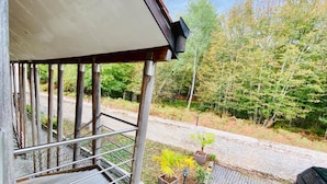Un espace extérieur abrité, doté d’une rambarde en métal, de plantes en pot et d’un chemin pavé menant à une zone boisée.
