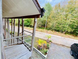 Uma área externa coberta, com guarda-corpo de metal, plantas em vasos e um caminho pavimentado que leva a uma área arborizada.