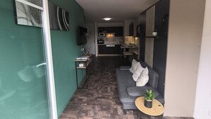 A compact living space with a kitchenette, a sofa, a small table with a plant, and a TV mounted on the wall. - Flat*** near Beaune center, quiet, swimming pool, sauna, golf (Levernois)