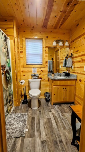 A wooden cabin bathroom with a toilet, sink, and shower area.