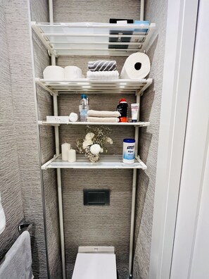 Hair dryer, towels, soap, toilet paper
