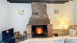 Ein gemütliches Wohnzimmer mit Kamin, Fernseher und einer Couch.