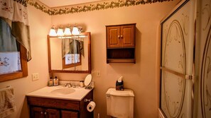 Hair dryer, towels, soap, shampoo