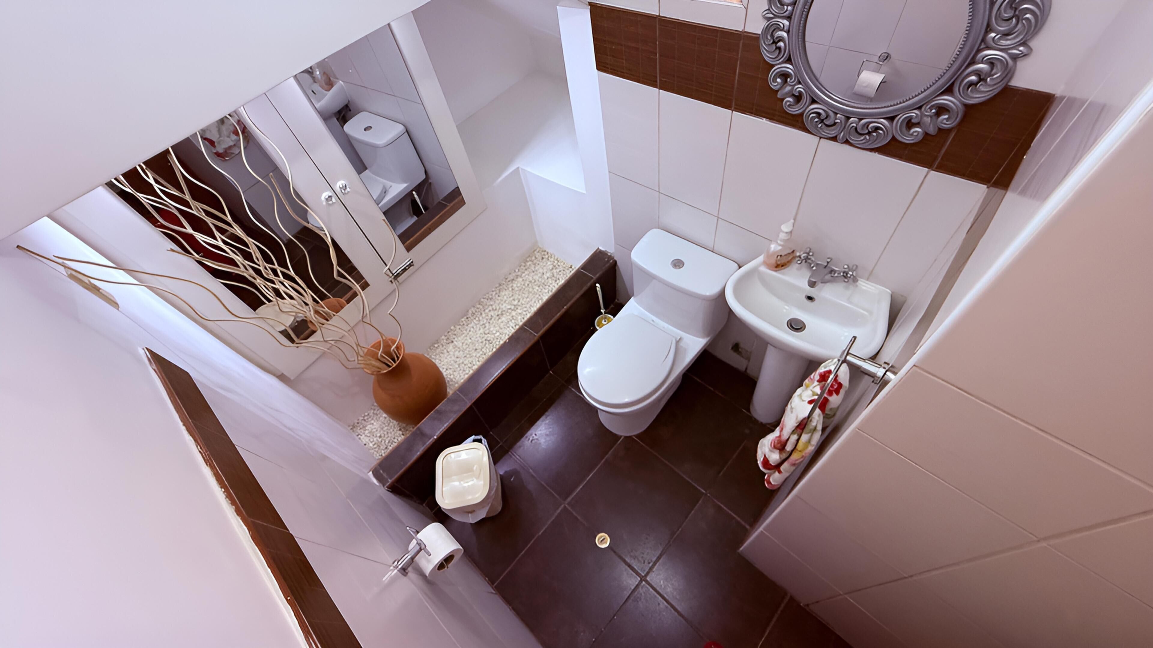 Shower, towels, soap, toilet paper