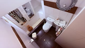 Shower, towels, soap, toilet paper