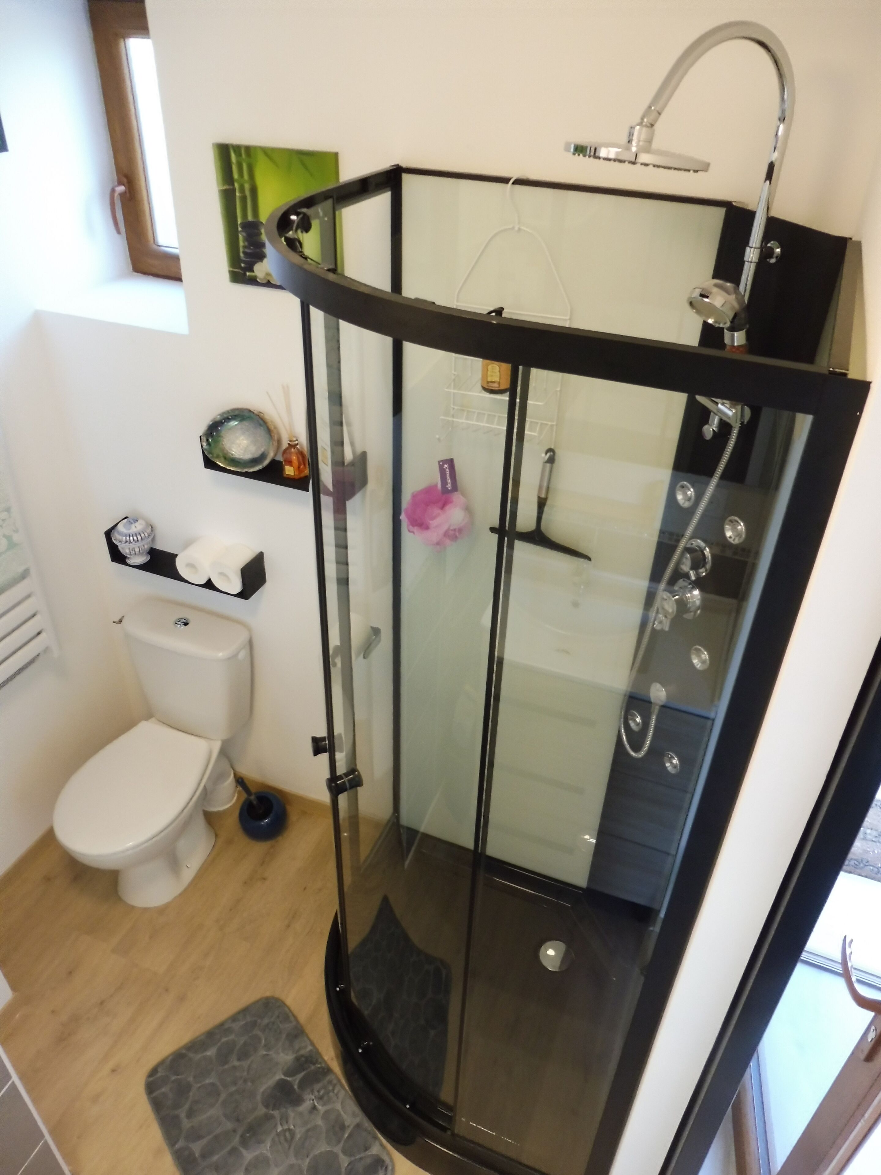 A modern bathroom with a glass-enclosed shower, a toilet, and a small shelf with toiletries.
