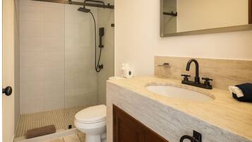 Een badkamer met douche, toilet, wastafel en spiegel.