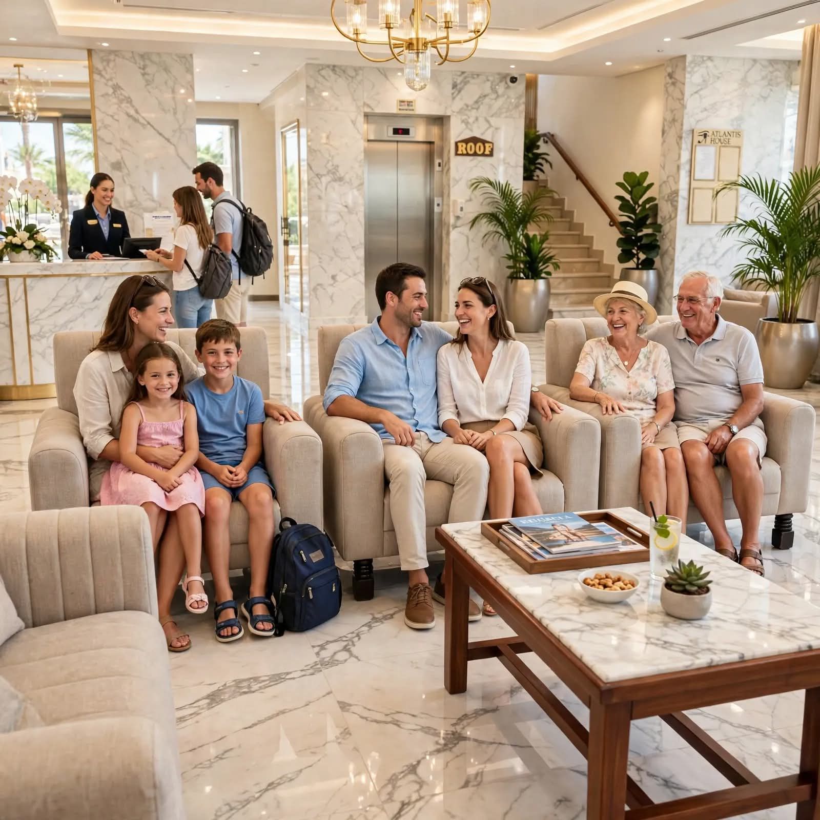 A hotel lobby with a marble floor, seating area, reception desk, and a sign for the 'Atlantis House' on the wall.