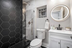 Hair dryer, towels, soap, shampoo