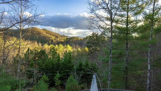 A forested area with a wooden deck and a green roofed structure. -  Quiet hideout w/ Hot Tub & fire pit! BrysonCity! Pet Friendly! GSMR NOC  (Bryson City)
