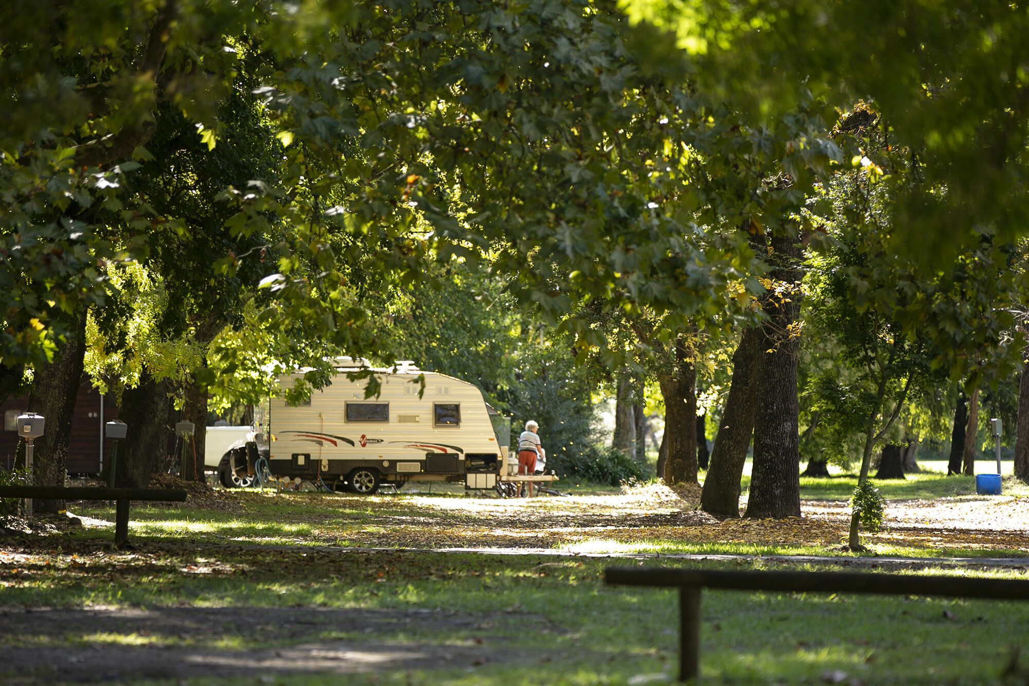 Una caravana estacionada en un parque con árboles y una mesa de picnic.