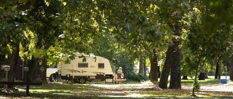 Una caravana estacionada en un parque con árboles y una mesa de picnic.