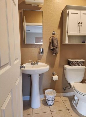 A bathroom with a white sink, a toilet, a mirror, a towel rack, and a trash bin.