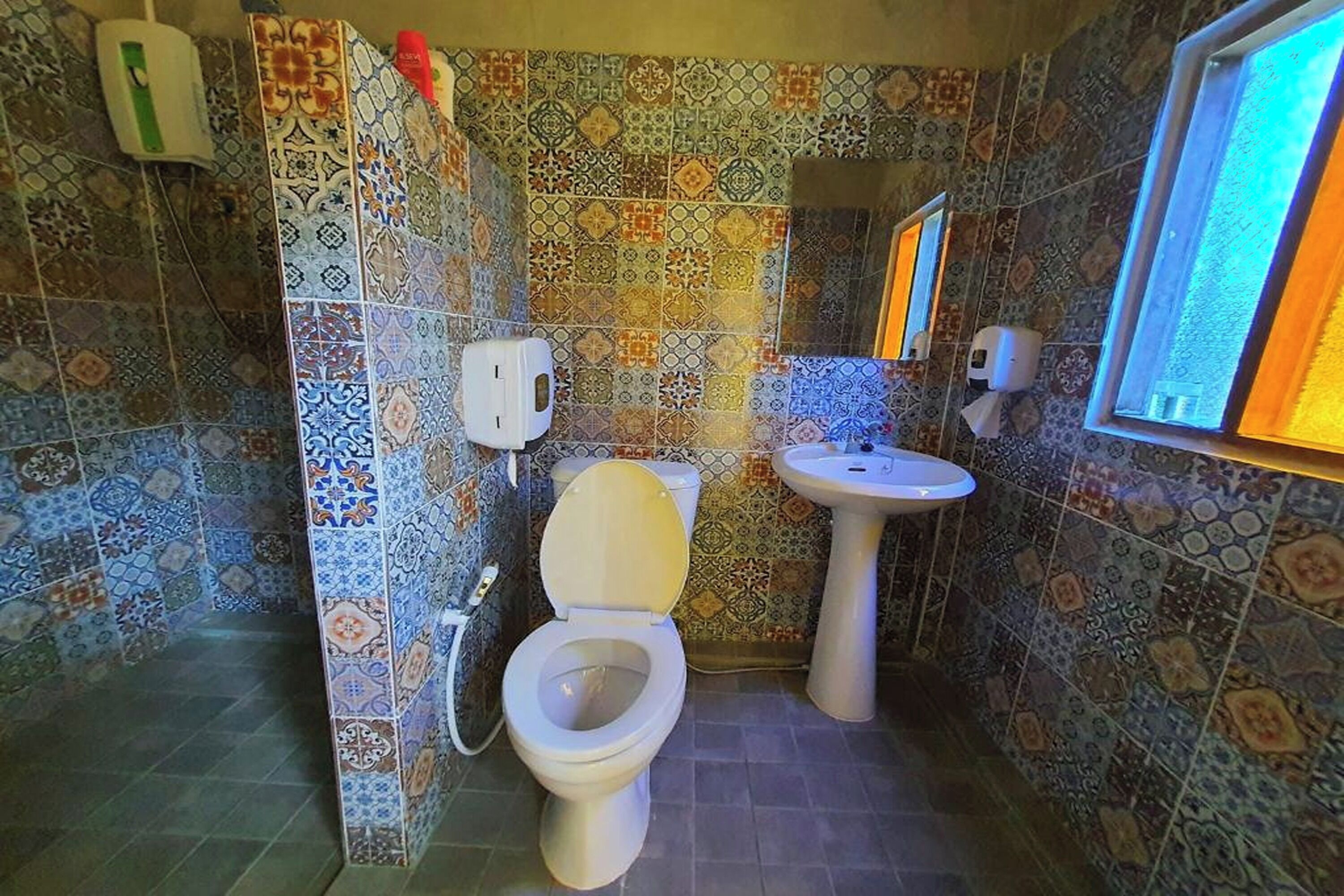 A bathroom with a toilet, sink, and patterned tiles.