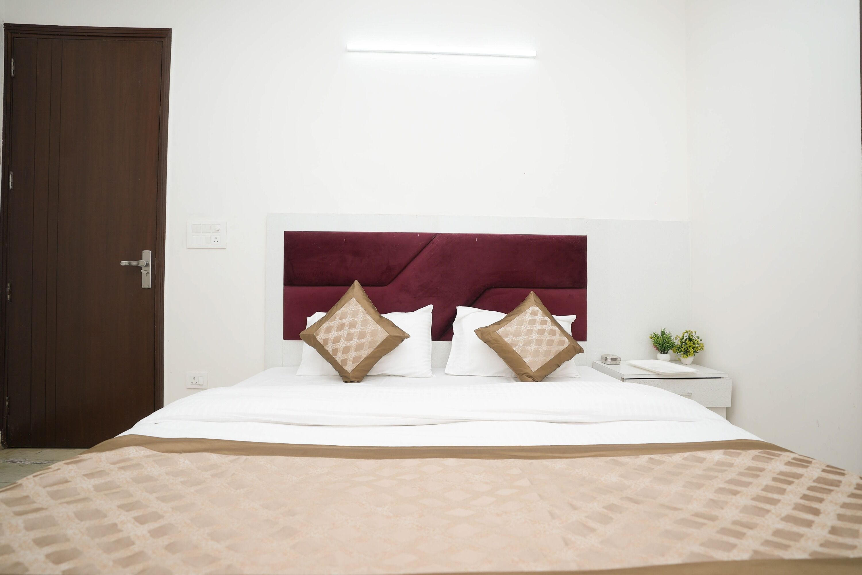 A hotel room with a large bed, a wooden door, a white nightstand with a plant, and a red headboard.