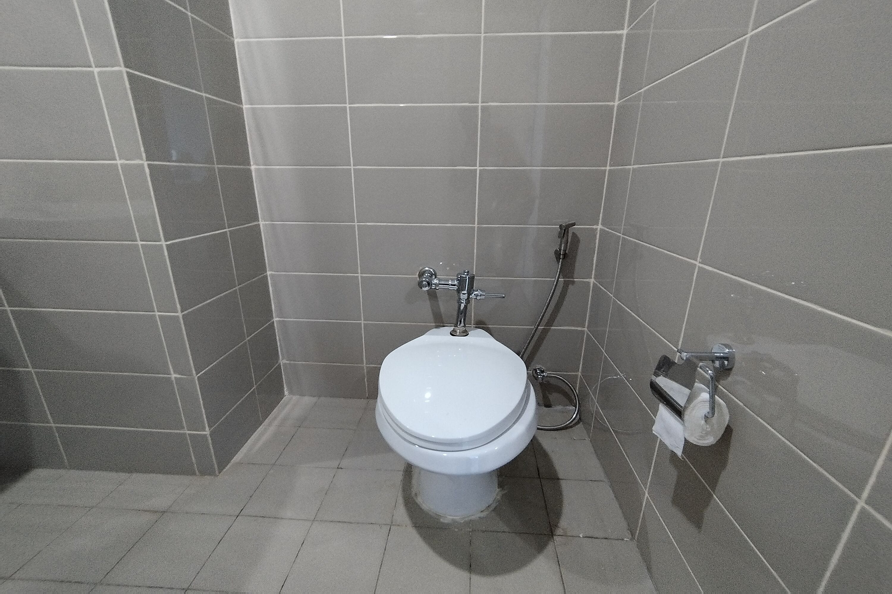 A small, modern bathroom with a white toilet, a shower, and a towel rack.