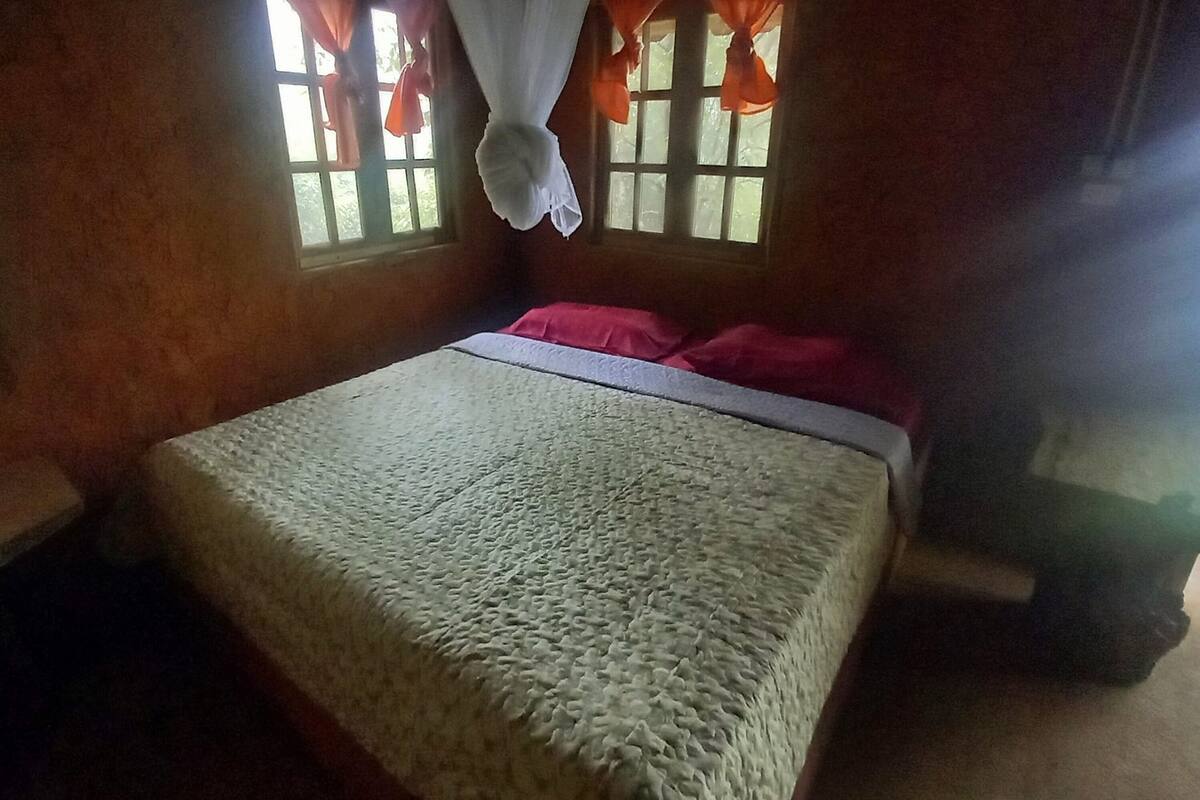 Un dormitorio con cama, ventana con cortinas y mosquitera.
