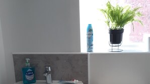 Een badkamer met een wit wastafel, toilet en een potplant op de vensterbank.