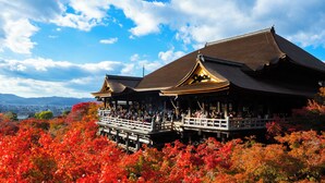 Un edificio japonés tradicional de madera con una plataforma de observación.