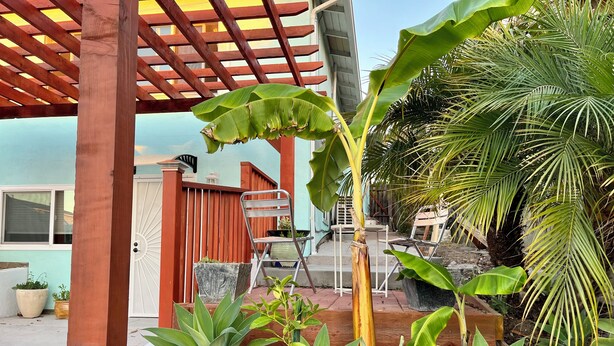 Eine Holz-Pergola, Kübelpflanzen, ein kleiner Tisch und ein Stuhl in einem Garten.