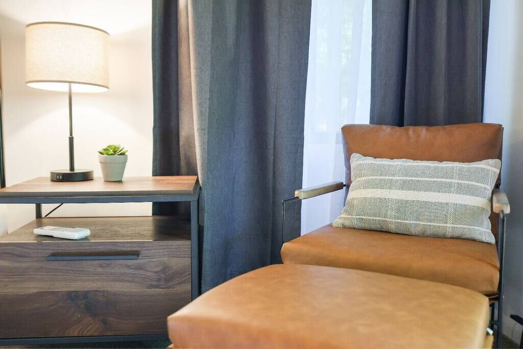 Une pièce avec un fauteuil en cuir marron, une petite table avec une lampe, une télécommande et une plante en pot.