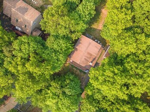 Vista aérea de um bairro residencial com uma casa cercada por árvores verdes e densas.