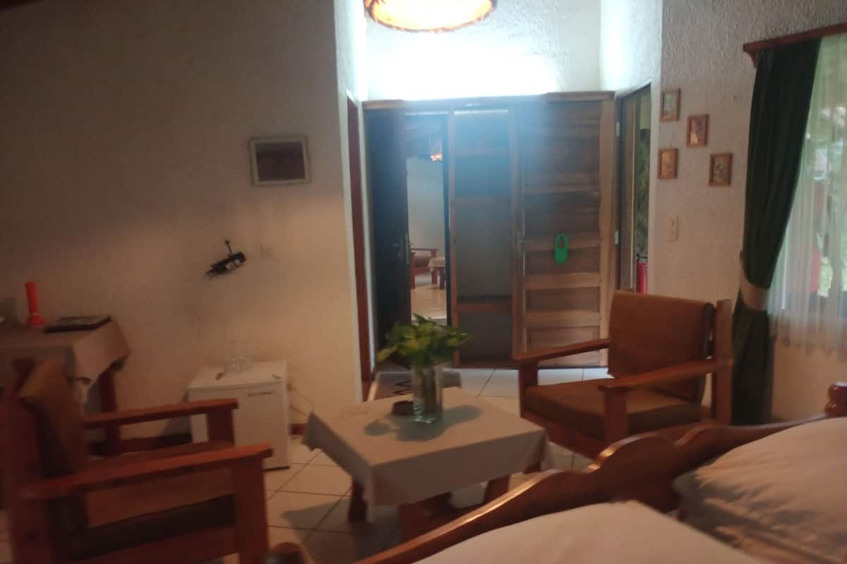 A hotel room with a bed, a small table with a vase, two chairs, a desk, and a wardrobe.