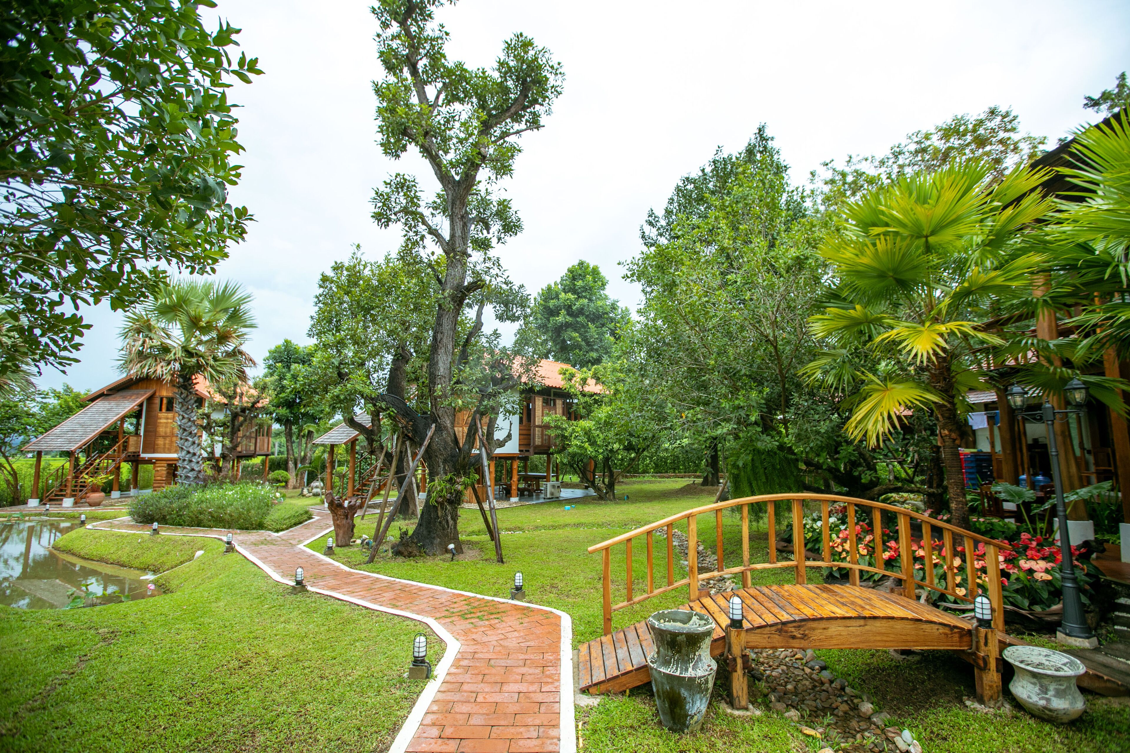 A garden with a wooden bridge, a pond, and a pathway leading to a wooden building.