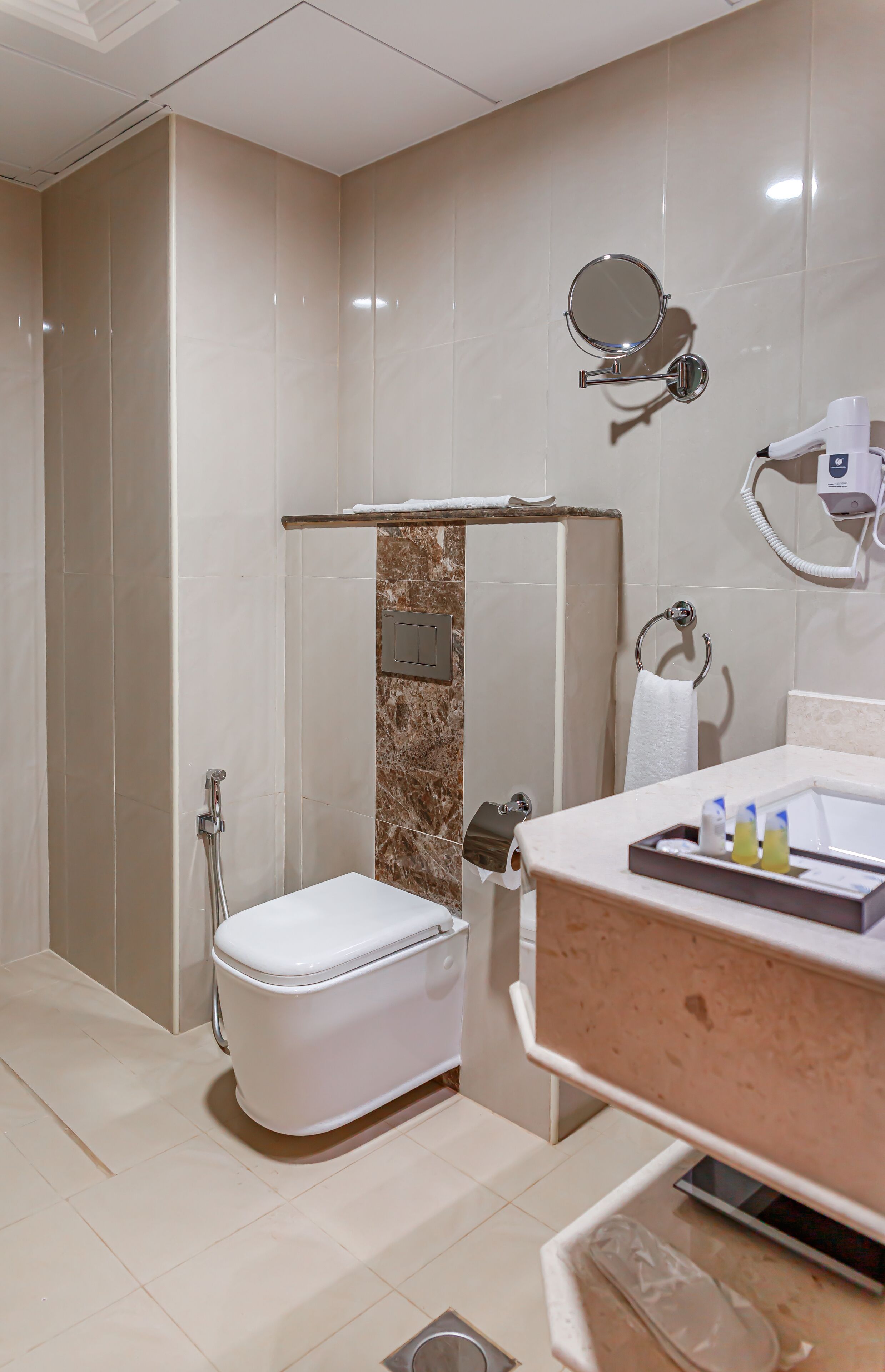 shower, rainfall showerhead, hair dryer, slippers