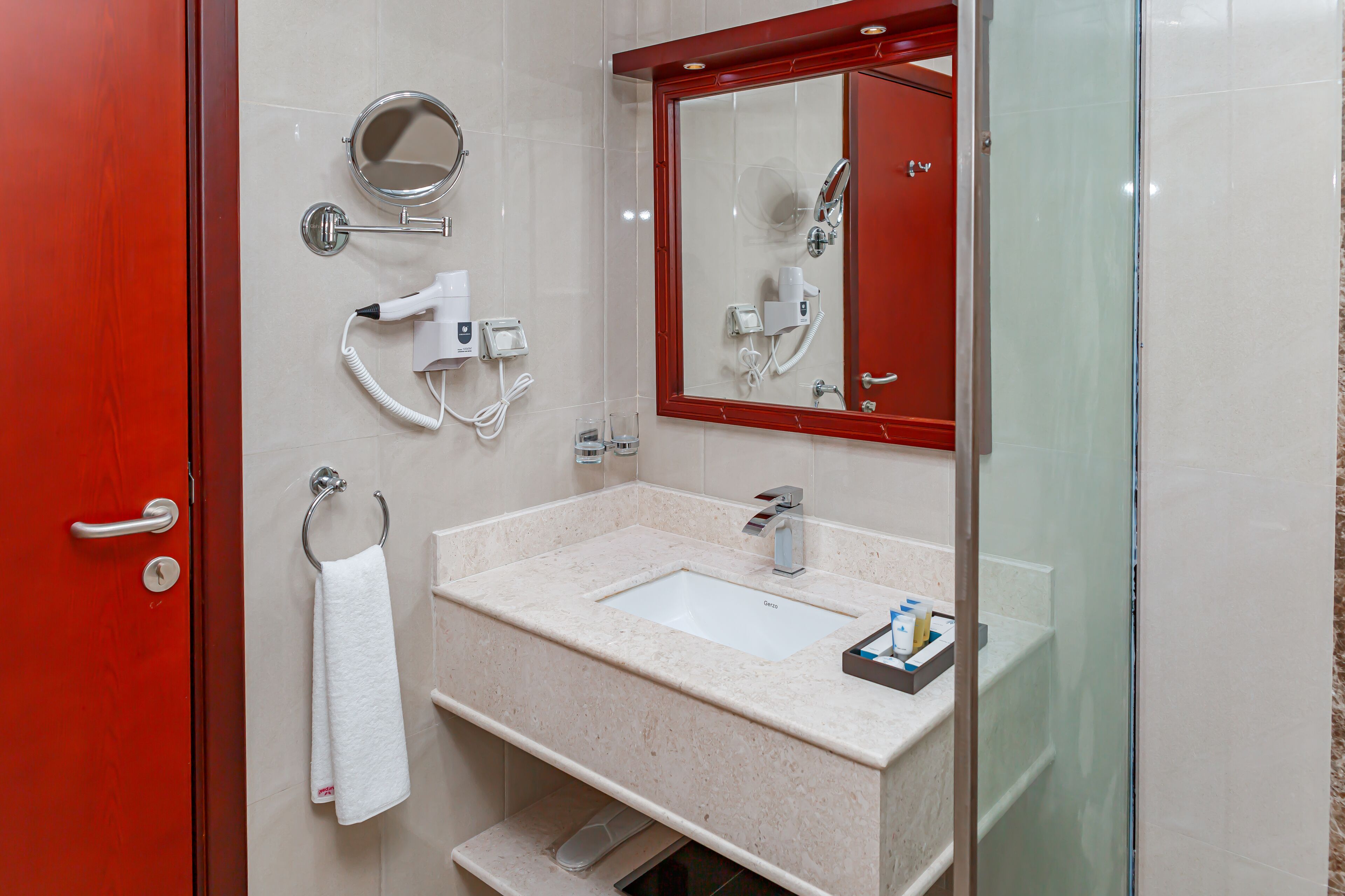 superior double or twin room | bathroom | shower, rainfall showerhead, hair dryer, slippers