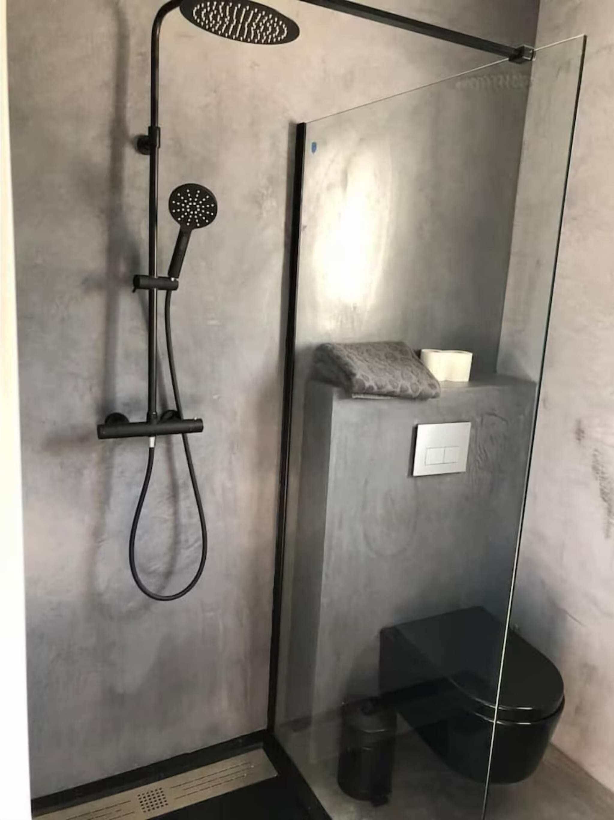 A modern shower enclosure with a handheld showerhead, a wall-mounted control panel, and a glass door.