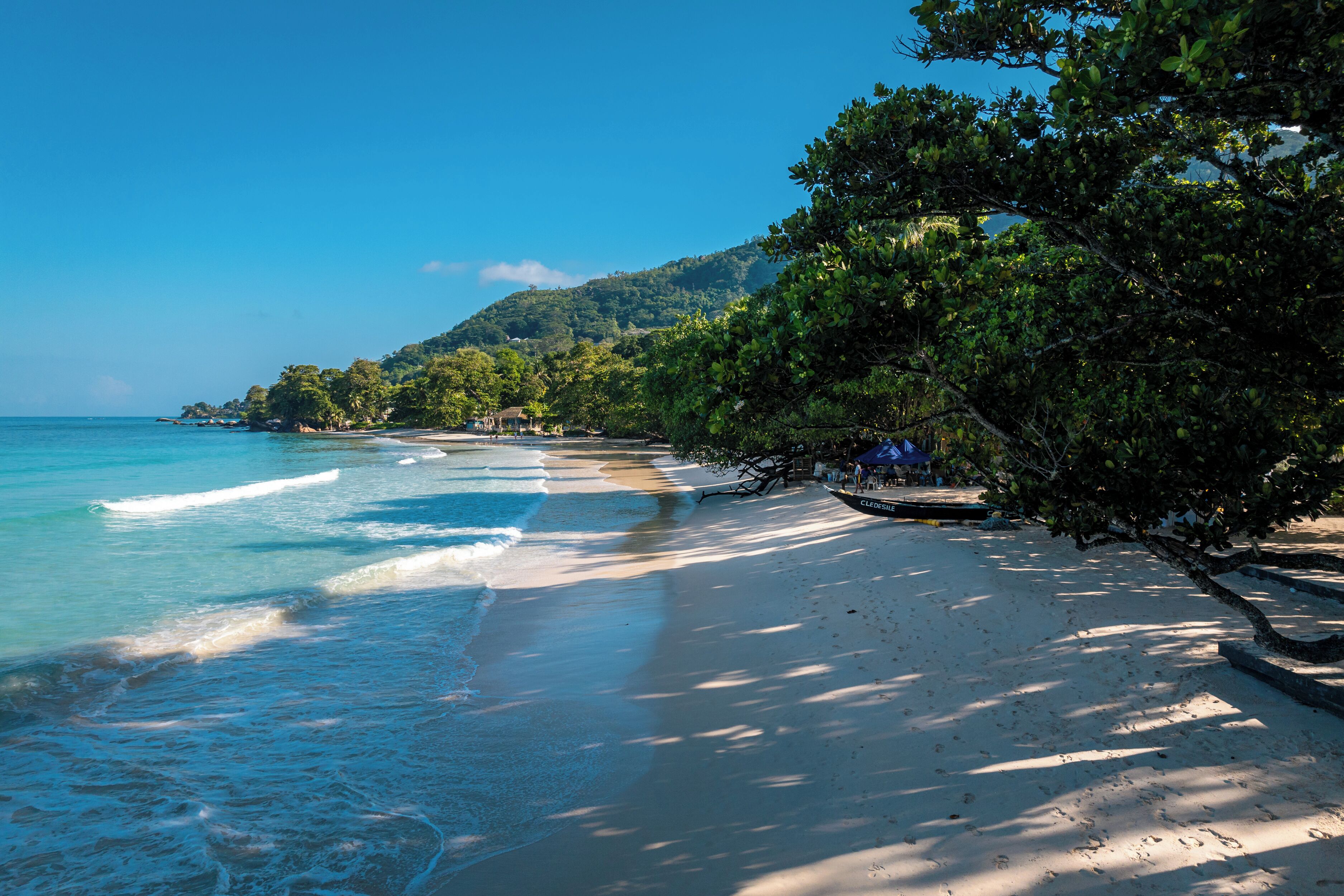 Une plage à l’eau d’un bleu cristallin, bordée d’un rivage sablonneux et d’une végétation luxuriante.