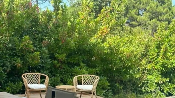 Un área de comedor al aire libre con una mesa de madera, sillas de mimbre y vistas a una piscina y vegetación exuberante.