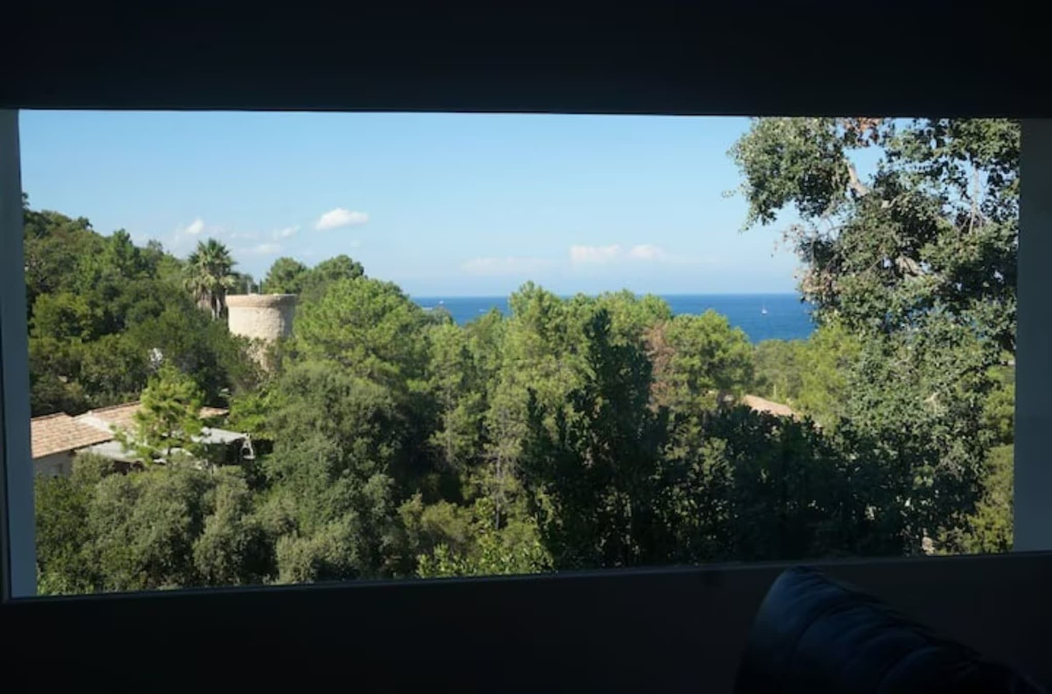 Une vue depuis une fenêtre donnant sur une zone boisée, avec une tour en pierre et une étendue d'eau au loin.