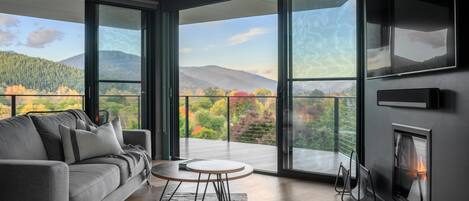 Een televisie en een open haard