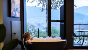 A large bathtub with a view of mountains through a large window. - The View Bright - Apartment 2 - The View Bright has a fabulous outlook and location, being one of the few places in the Bright township with uninterrupted views of the Upper Ovens Valley and Mount Bogong. (Bright)