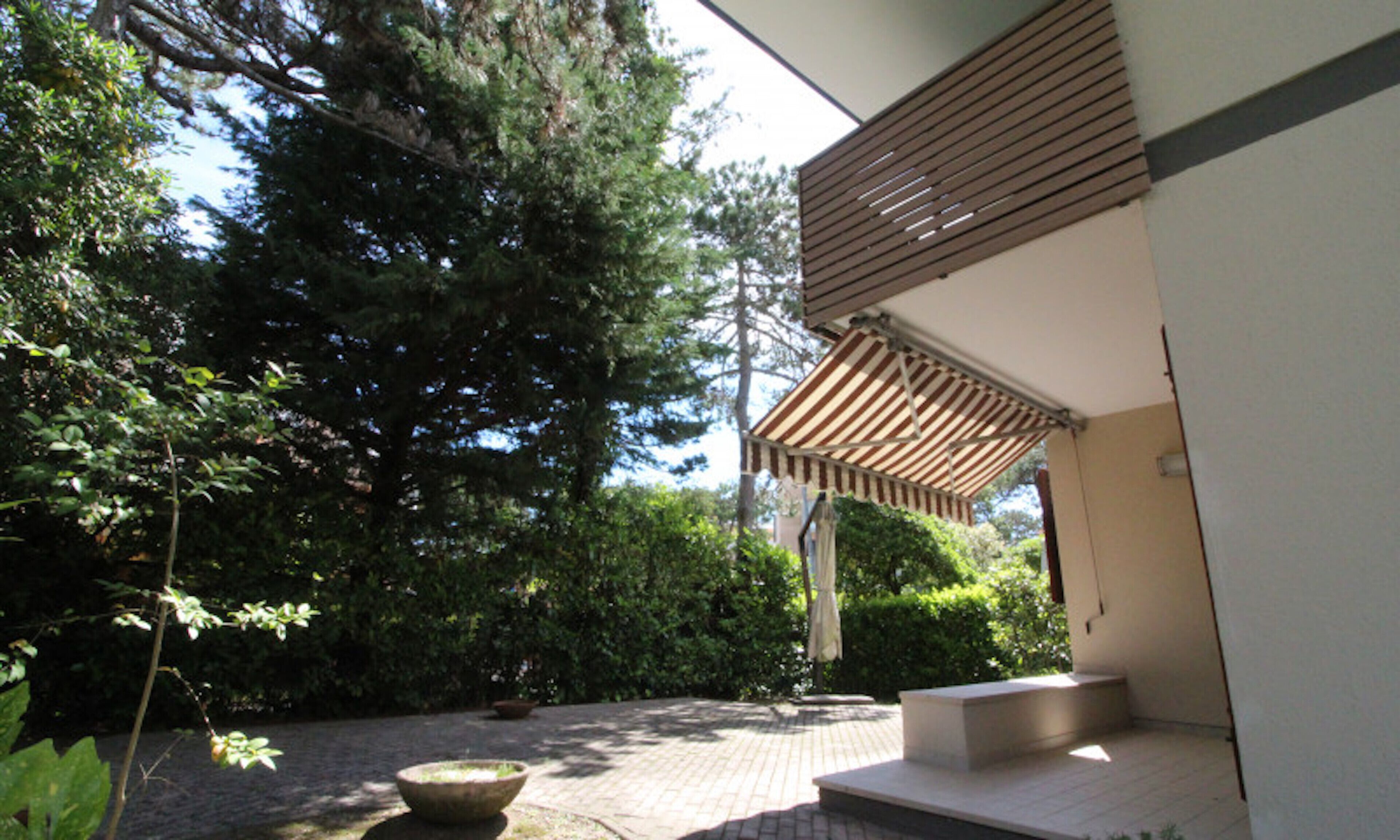 A patio with a stone floor, a wooden pergola, and a large tree.