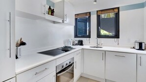 A modern kitchen with white cabinetry, a built-in stove, and a window with blinds.