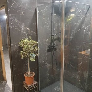 Chuveiro, secador de cabelo, toalhas de banho, sabonete