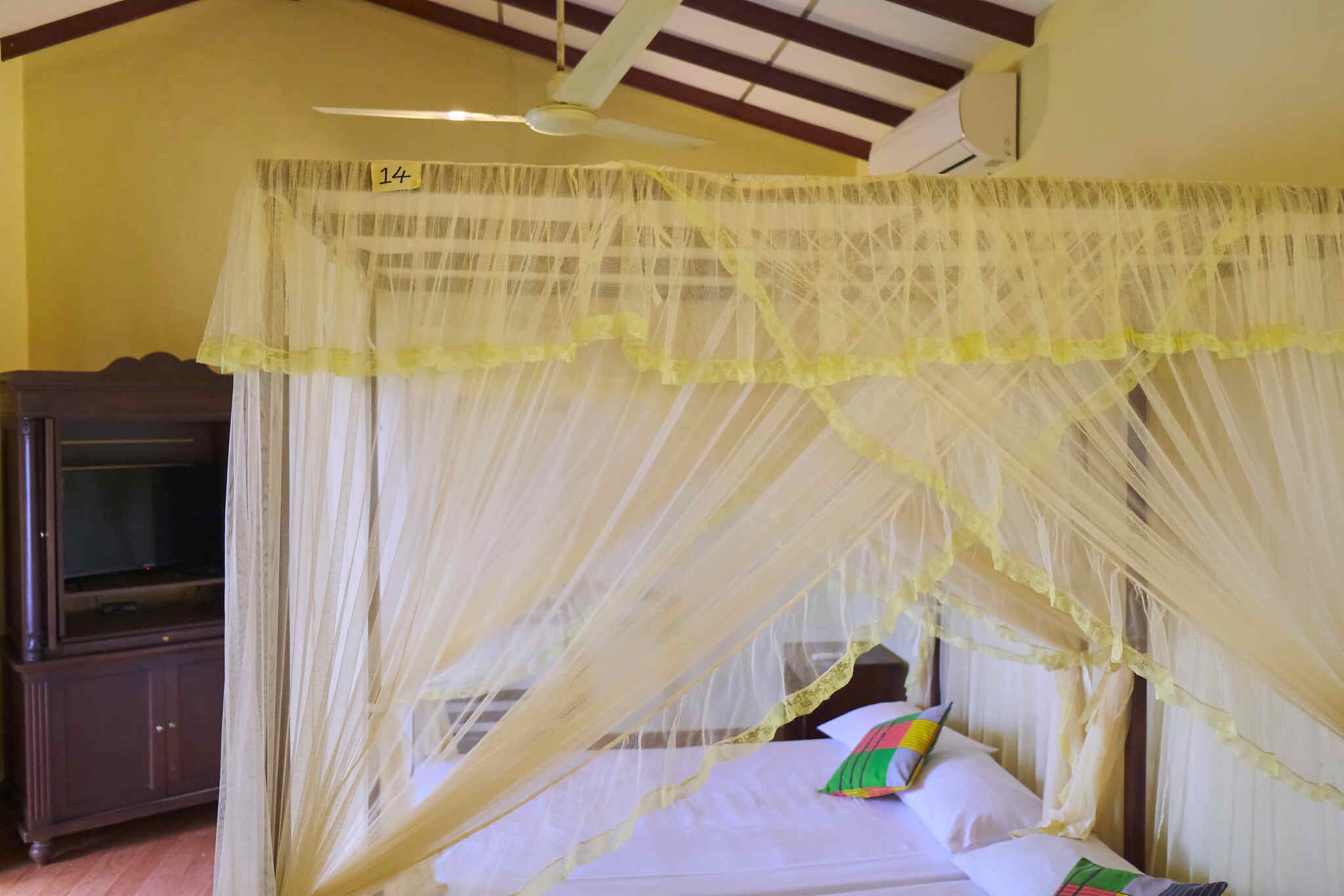 A room with a bed under a canopy, a ceiling fan, and a television on a stand.