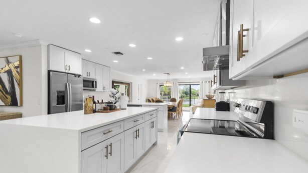 A modern kitchen with white cabinetry, stainless steel appliances, and a central island.