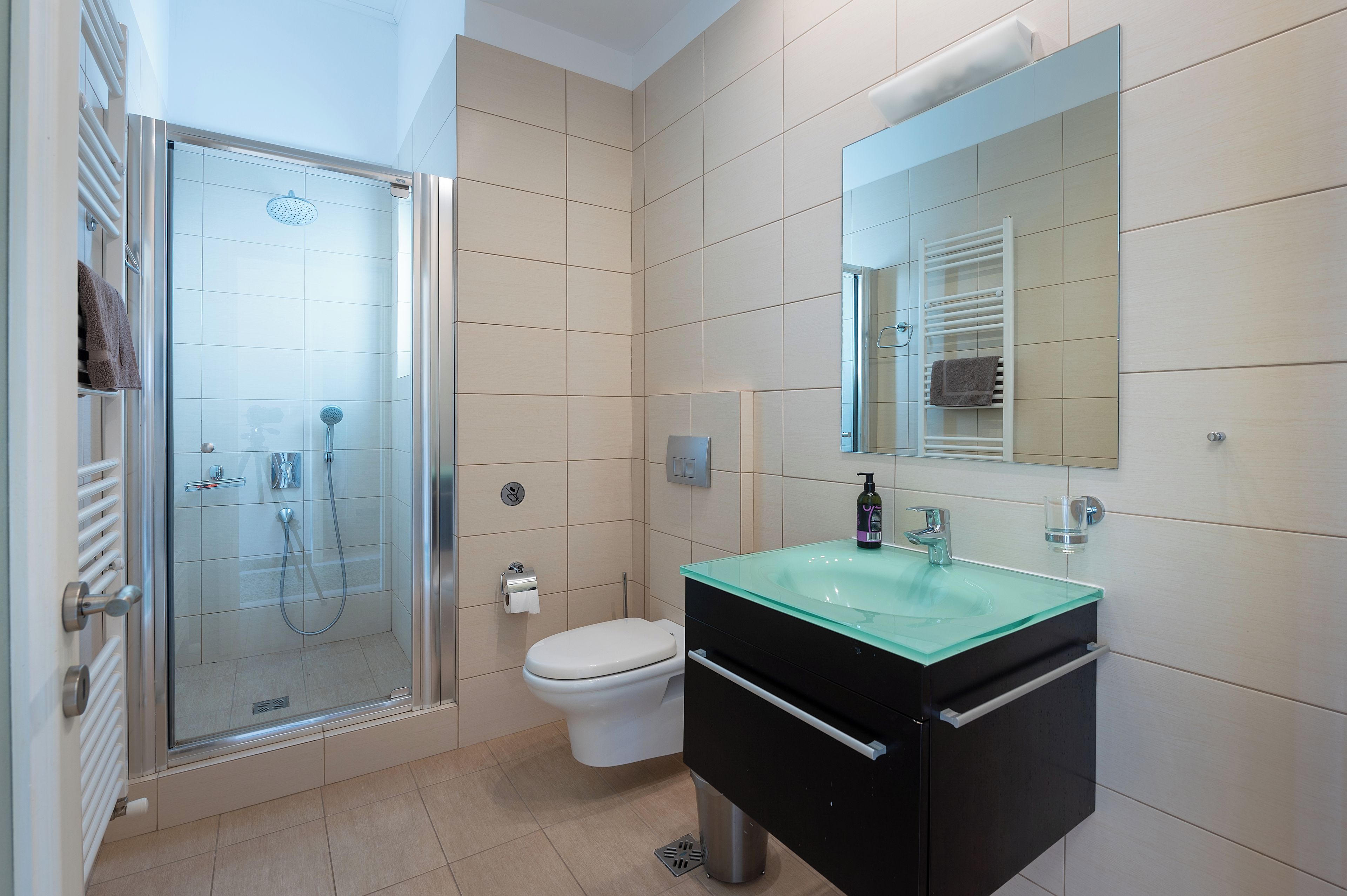 Shower, eco-friendly toiletries, hair dryer, towels