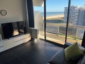 A modern living room with a large TV, a radiator, and a sofa with cushions.