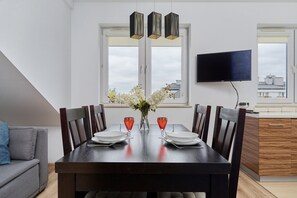 Studio, Balcony | Private kitchen | Dishwasher, cookware/dishes/utensils - Comfortable Klimasa Studio by Renters (Wroclaw)