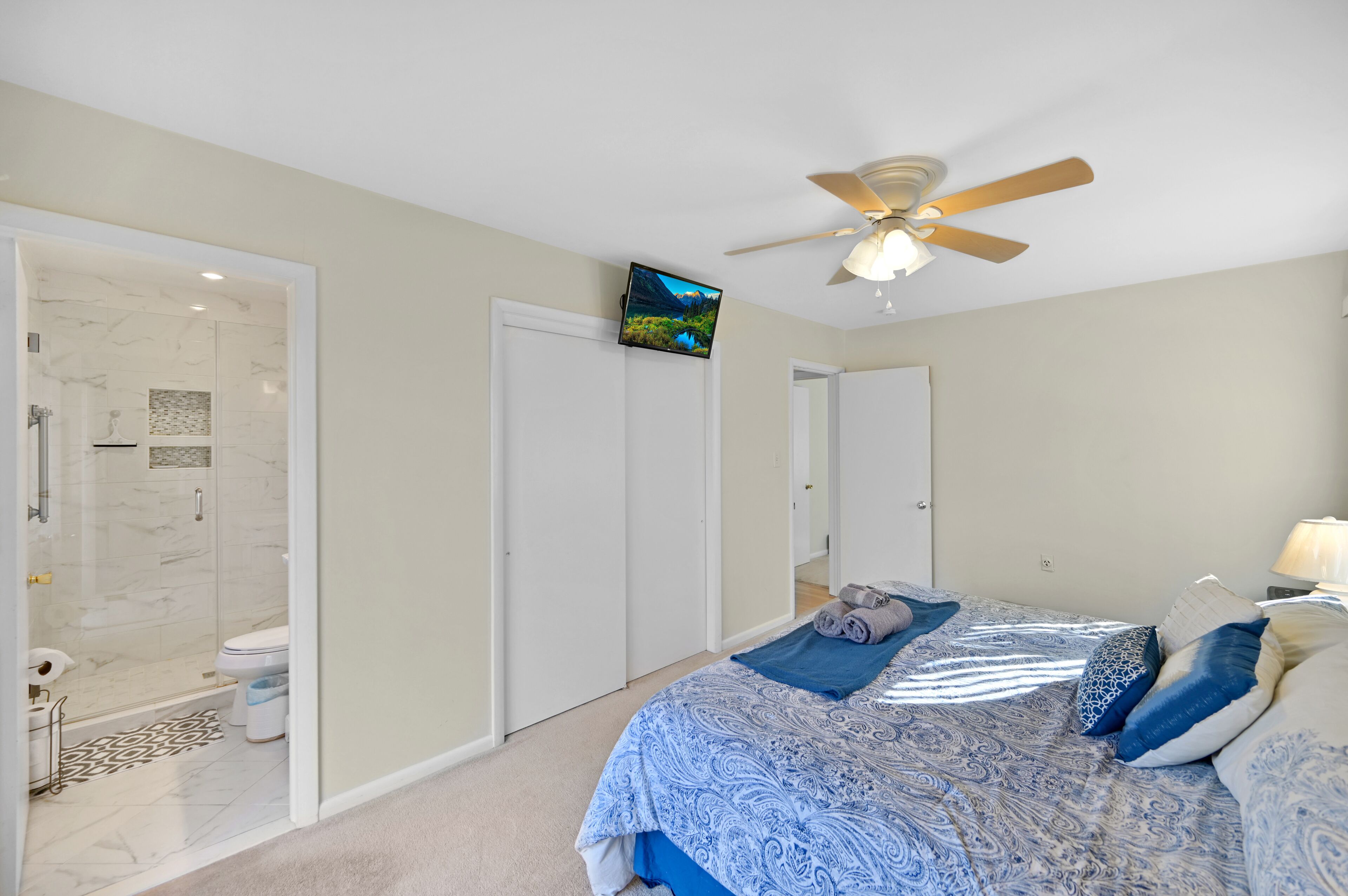 A bedroom with a bed, a ceiling fan, a TV, and a bathroom with a shower and toilet.