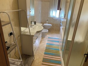 Hair dryer, bidet, towels, soap