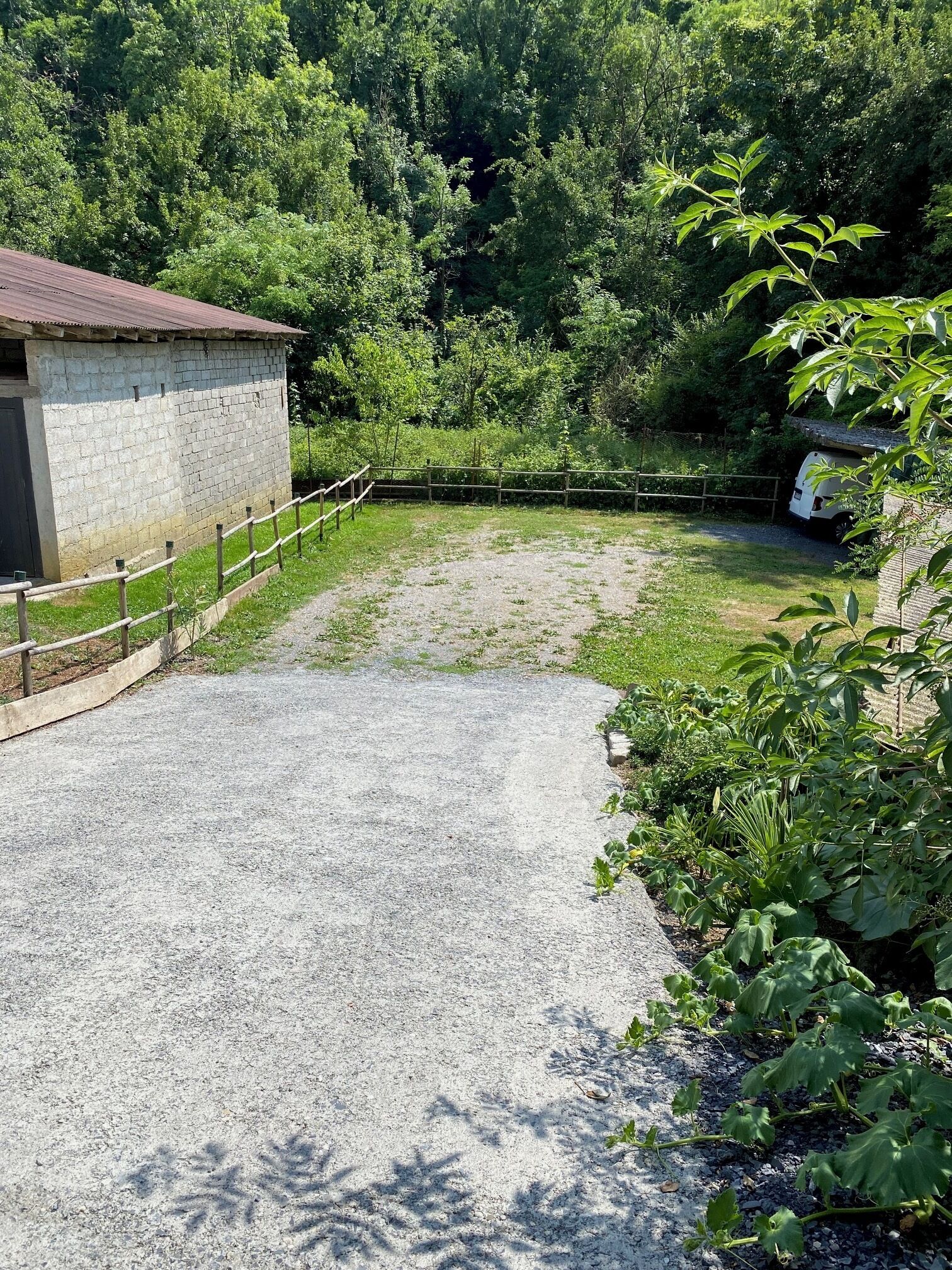 A gravel driveway leading to a rustic building with a wooden fence.