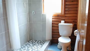 A bathroom with a shower, toilet, and a window.