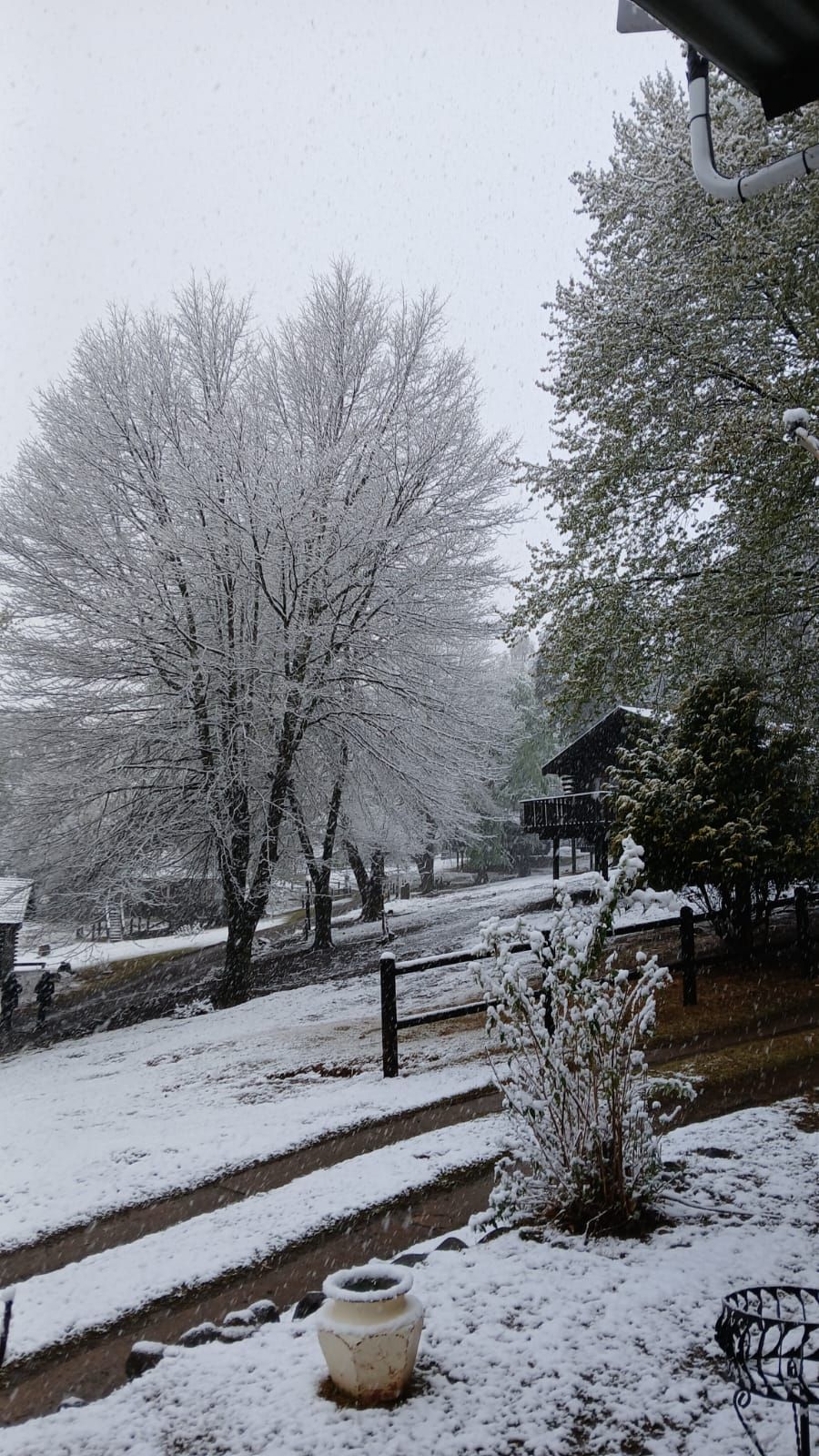 A snow-covered landscape with a wooden structure and a pathway.